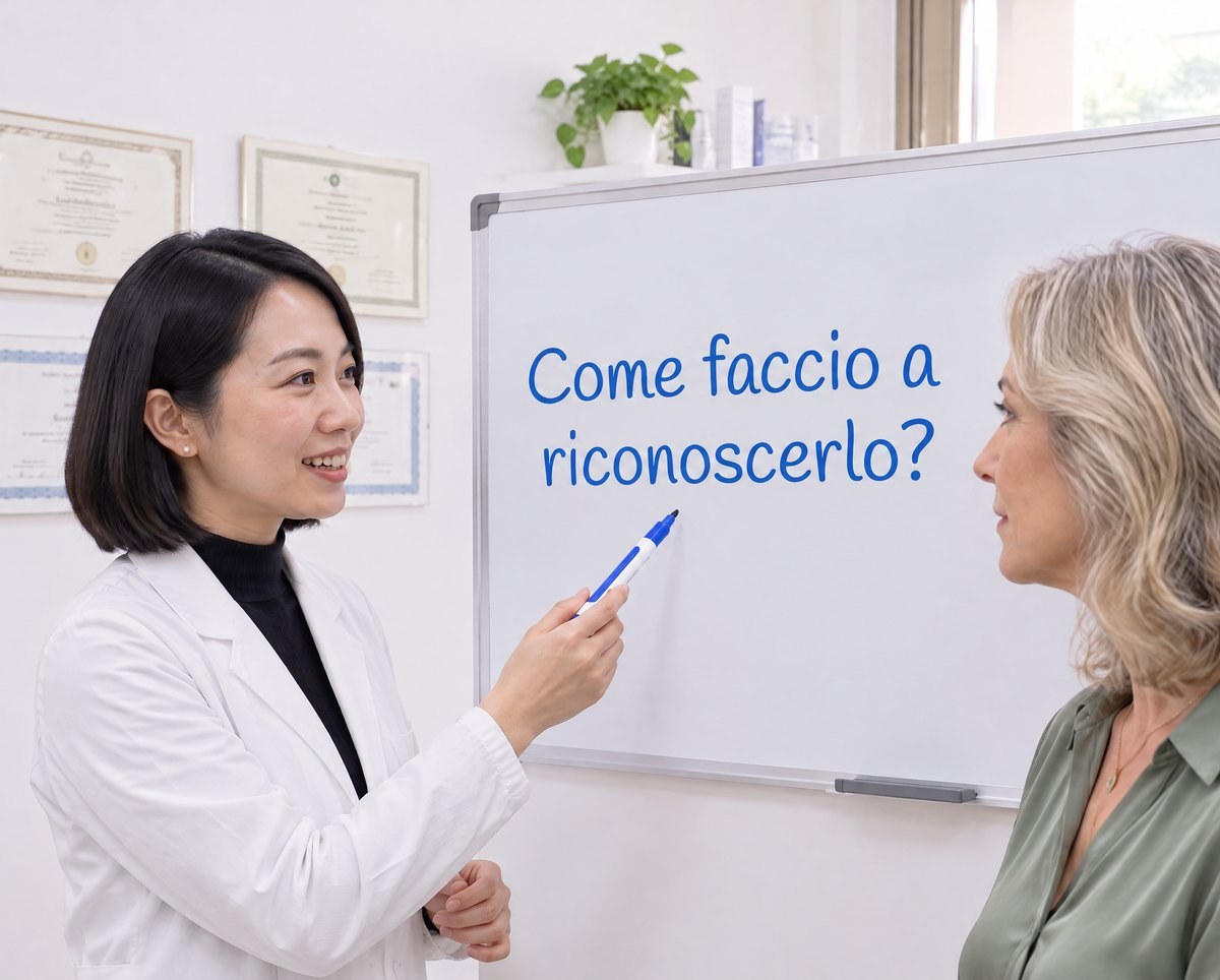 La dottoressa scrive alla lavagna «Come faccio a riconoscerlo?» davanti a una paziente