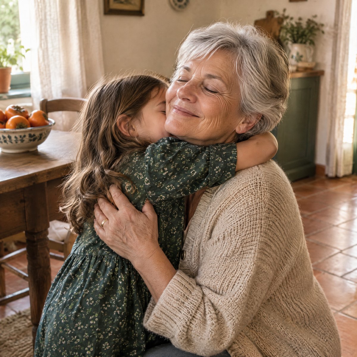 Una nonna abbraccia la nipotina, che affonda il viso nel suo collo