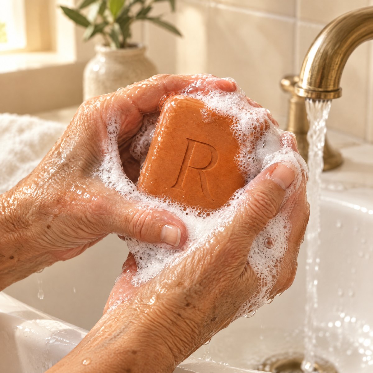 Mani mature insaponano il sapone RIN al cachi sopra il lavandino